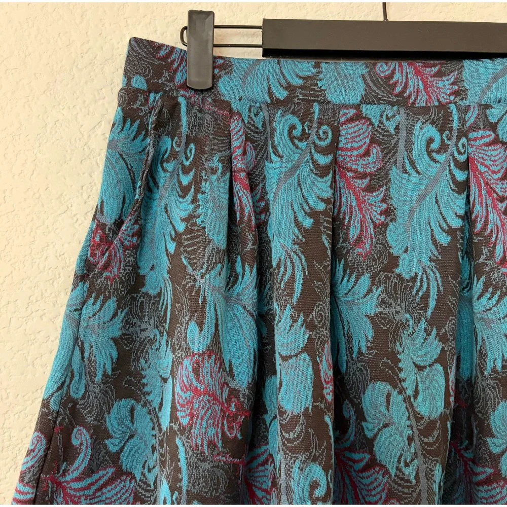 ModCloth Teal Feather‎ Jacquard Pleated A-Line Skirt with Pockets LARGE